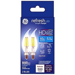 Refresh HD Decorative LED Light Bulbs, Candelabra Base, Daylight, Clear, Dimmable, 500 Lumens, 6.5-Watts, 2-Pk.