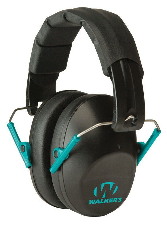 Walkers GWPFPM1BKTL Pro Low Profile Polymer 22 dB Over the Head Black Ear Cups w/Black Band & Teal Accents