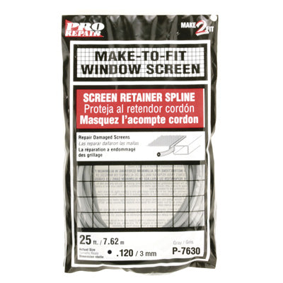 Prime Line Screen Retainer Vinyl Spline, .12 Round, Gray, 25' per roll.